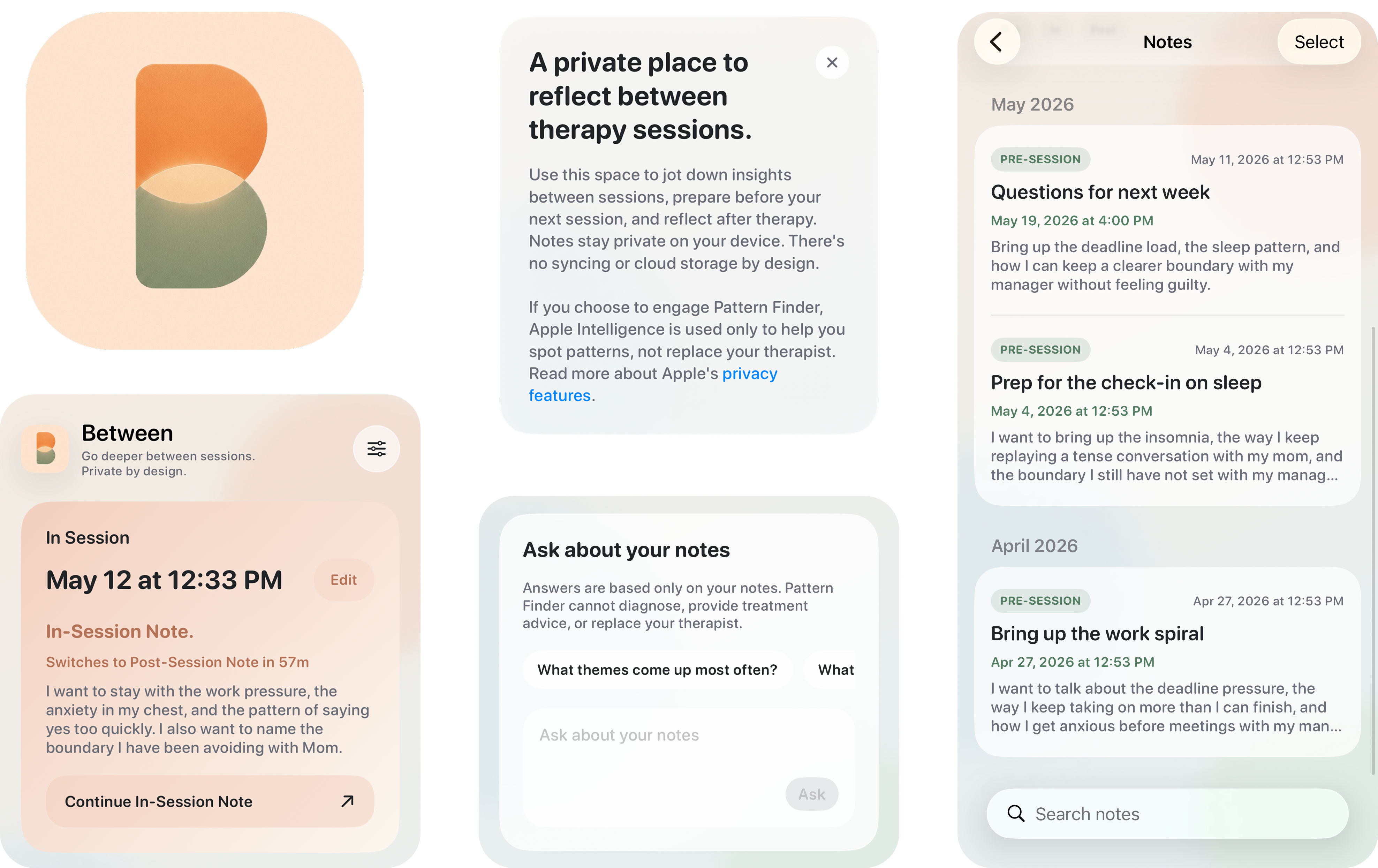 Preview collage for Between showing the app icon, private reflection notes, and note history screens.