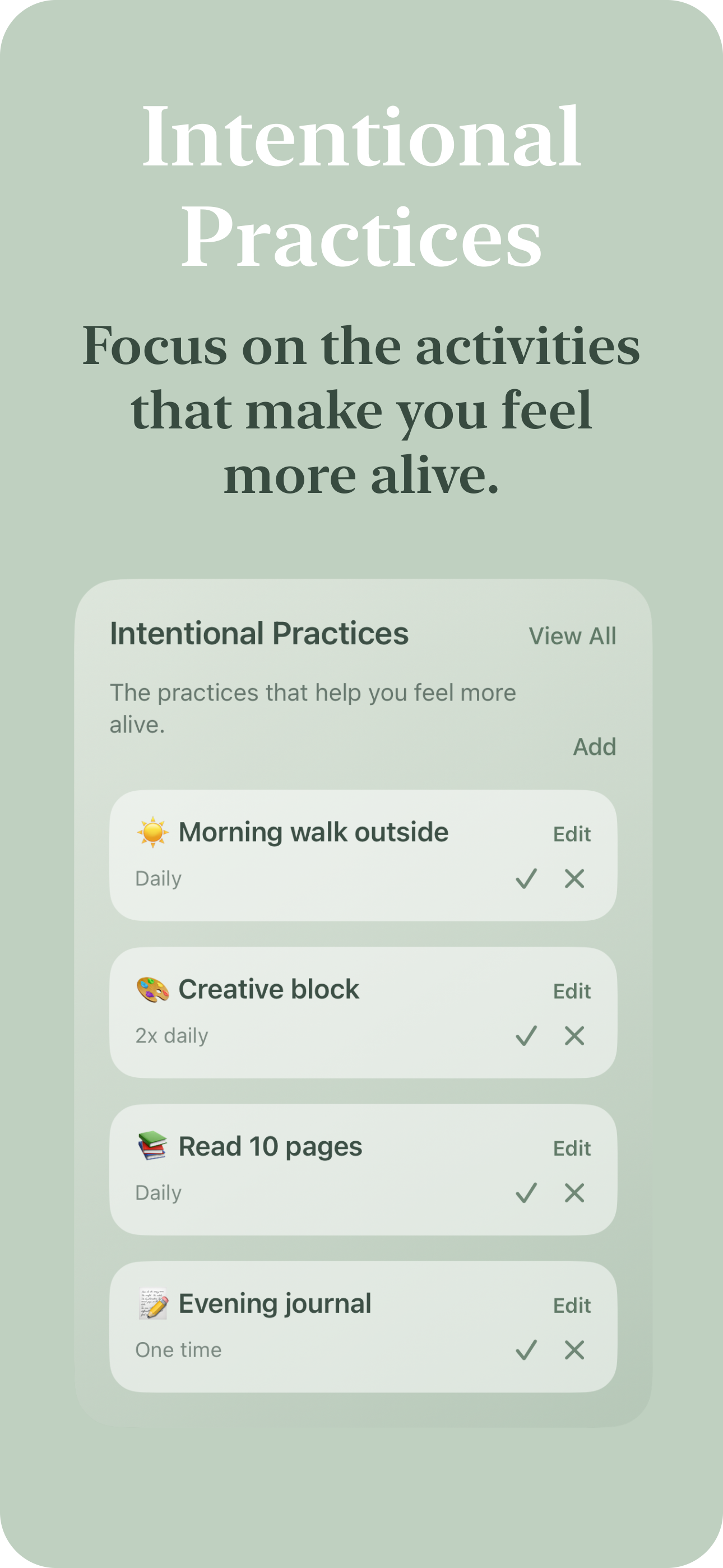 Sway app screenshot showing intentional practices