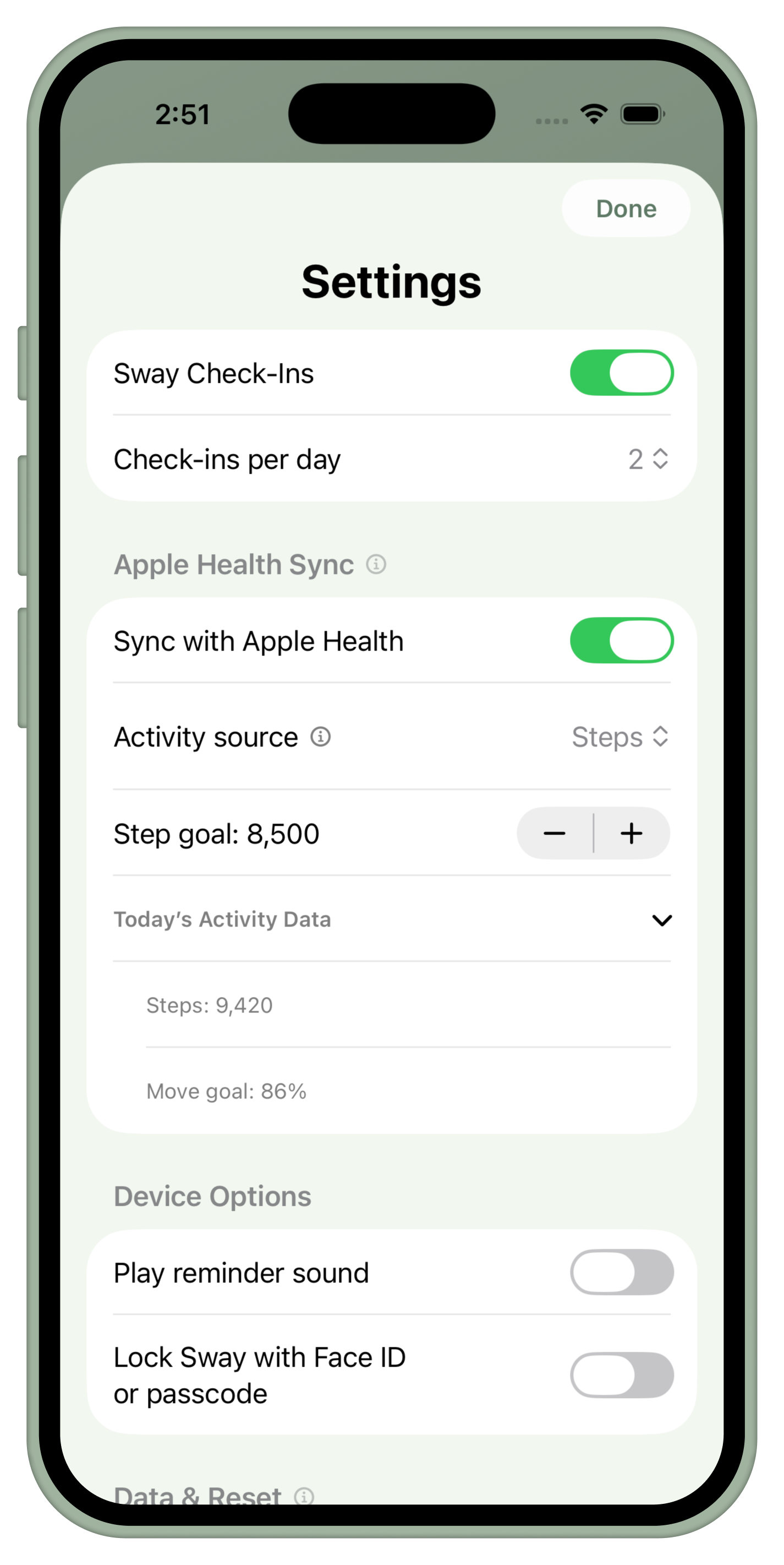 Apple Health settings screen shown inside an iPhone bezel.