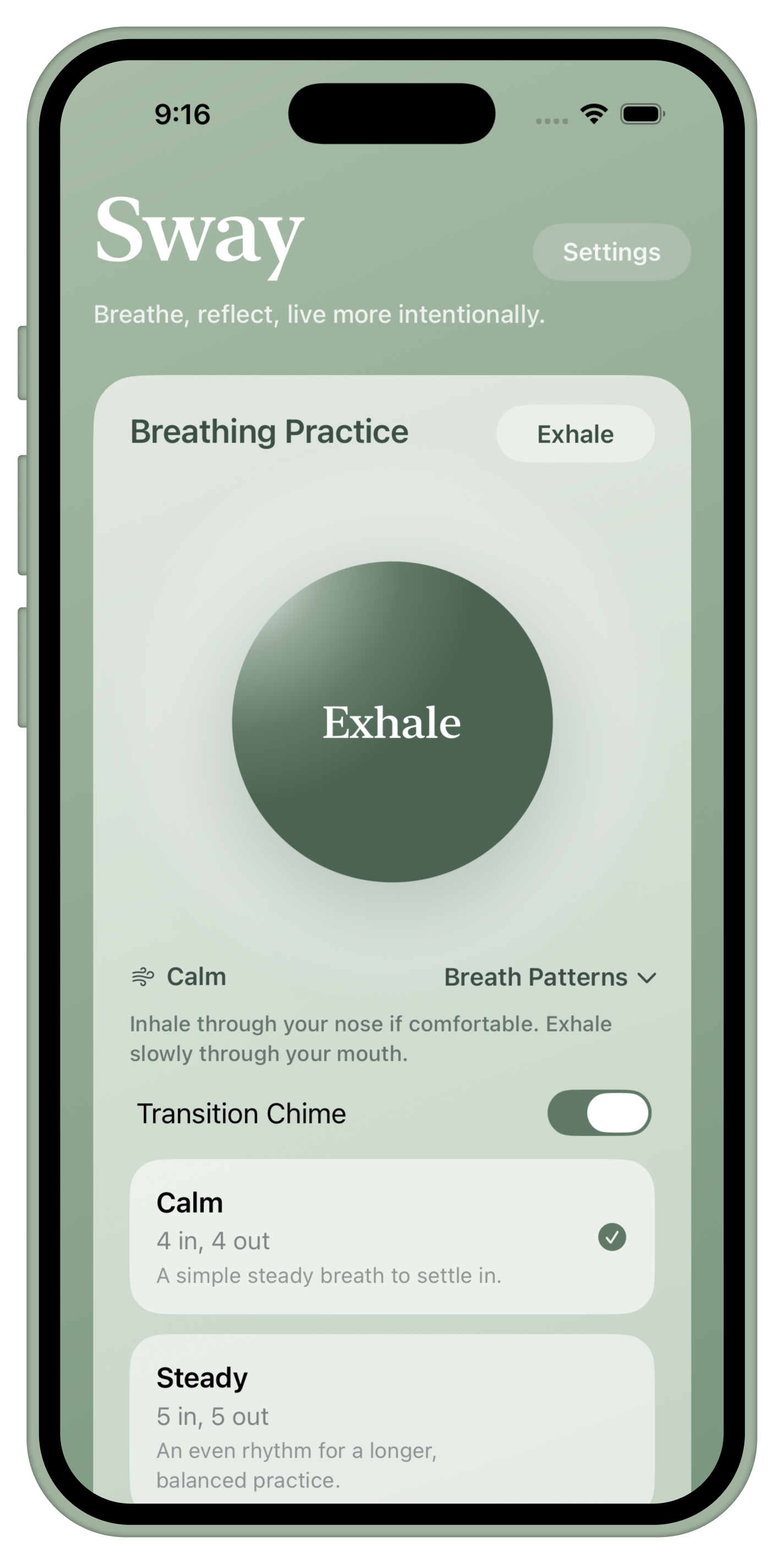 Sway breathing practice screen shown inside an iPhone bezel.