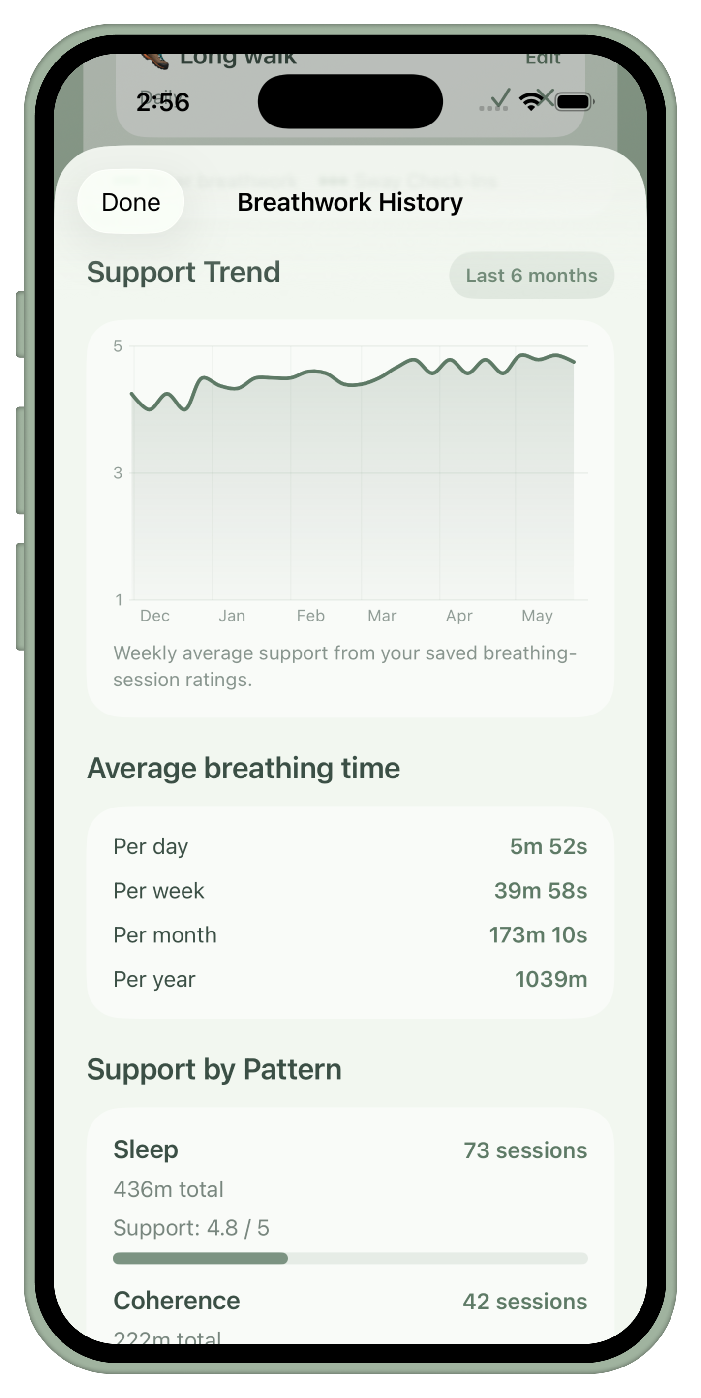 Breathwork support by pattern screen shown inside an iPhone bezel.