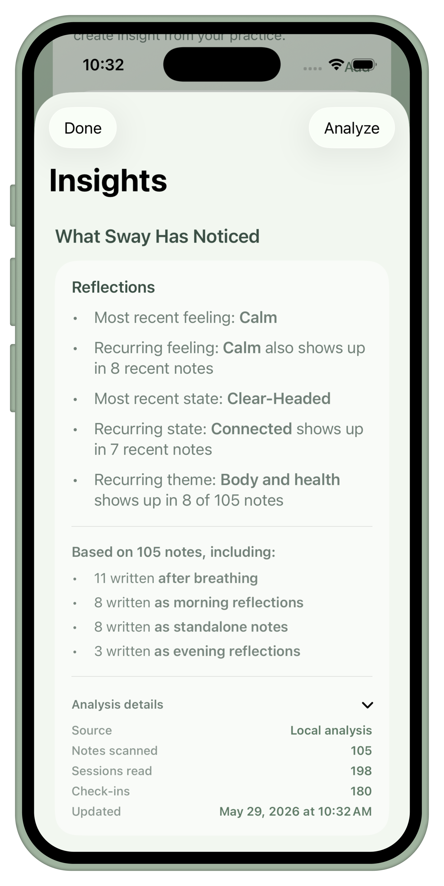 Sway insights screen shown inside an iPhone bezel.
