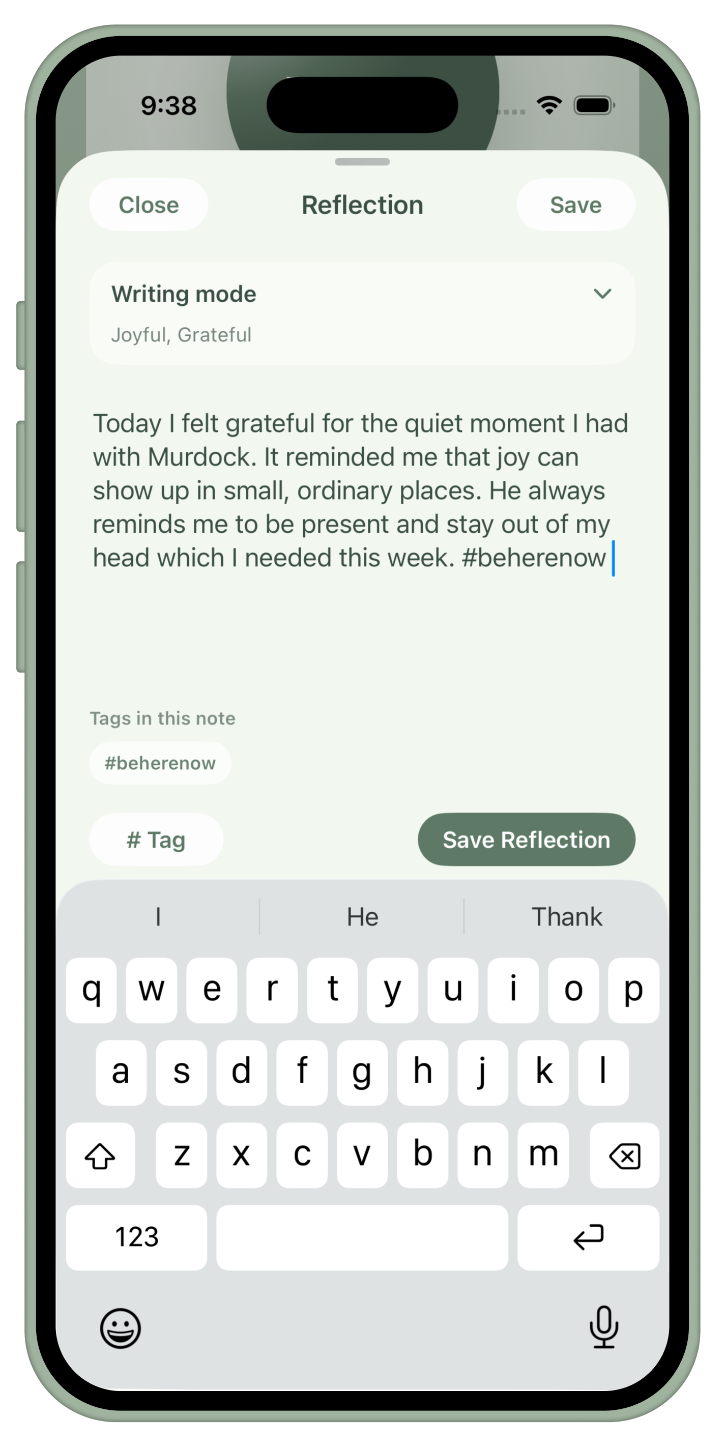 Sway reflection note composer shown inside an iPhone bezel.