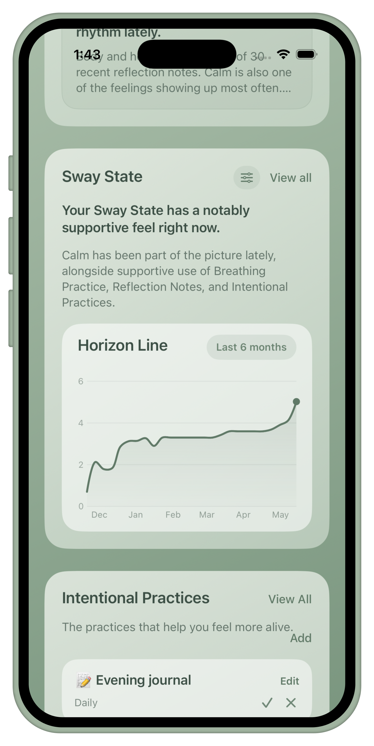 Sway State chart screen shown inside an iPhone bezel.