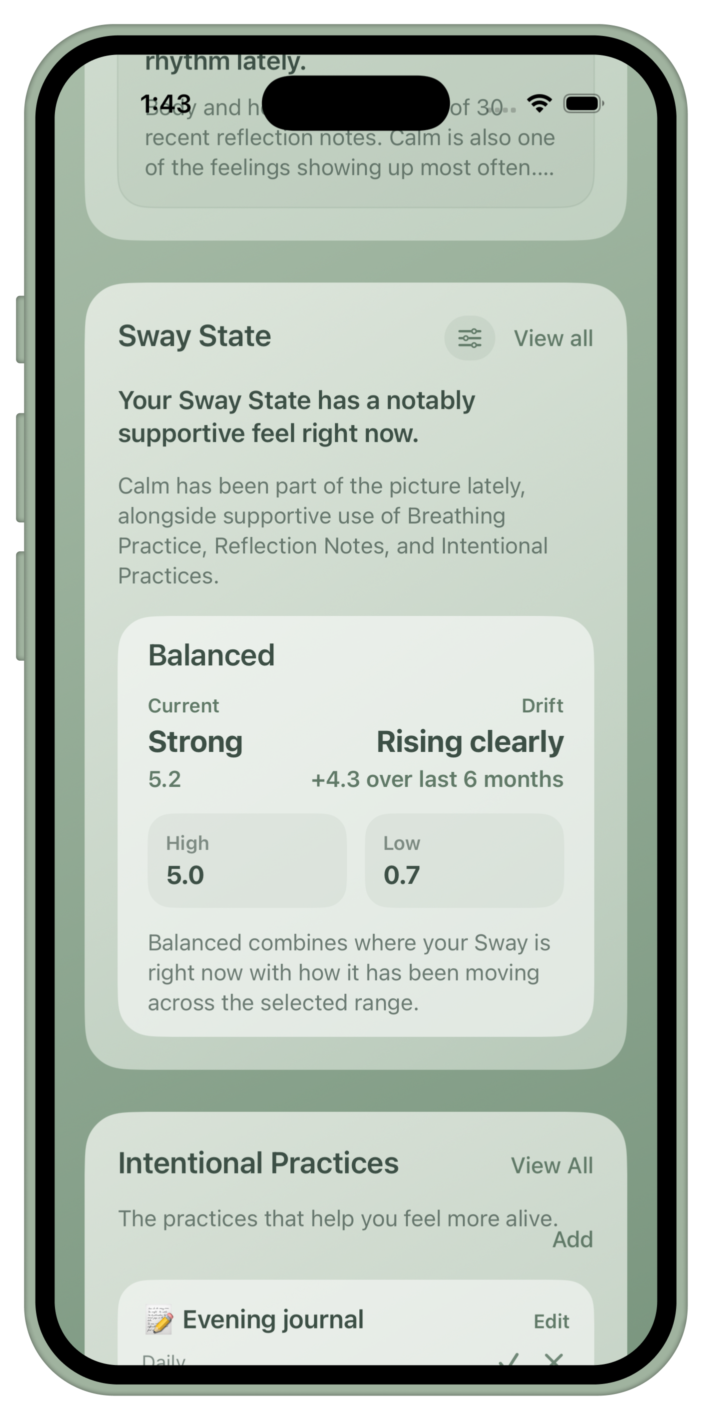 Alternate Sway State chart view shown inside an iPhone bezel.