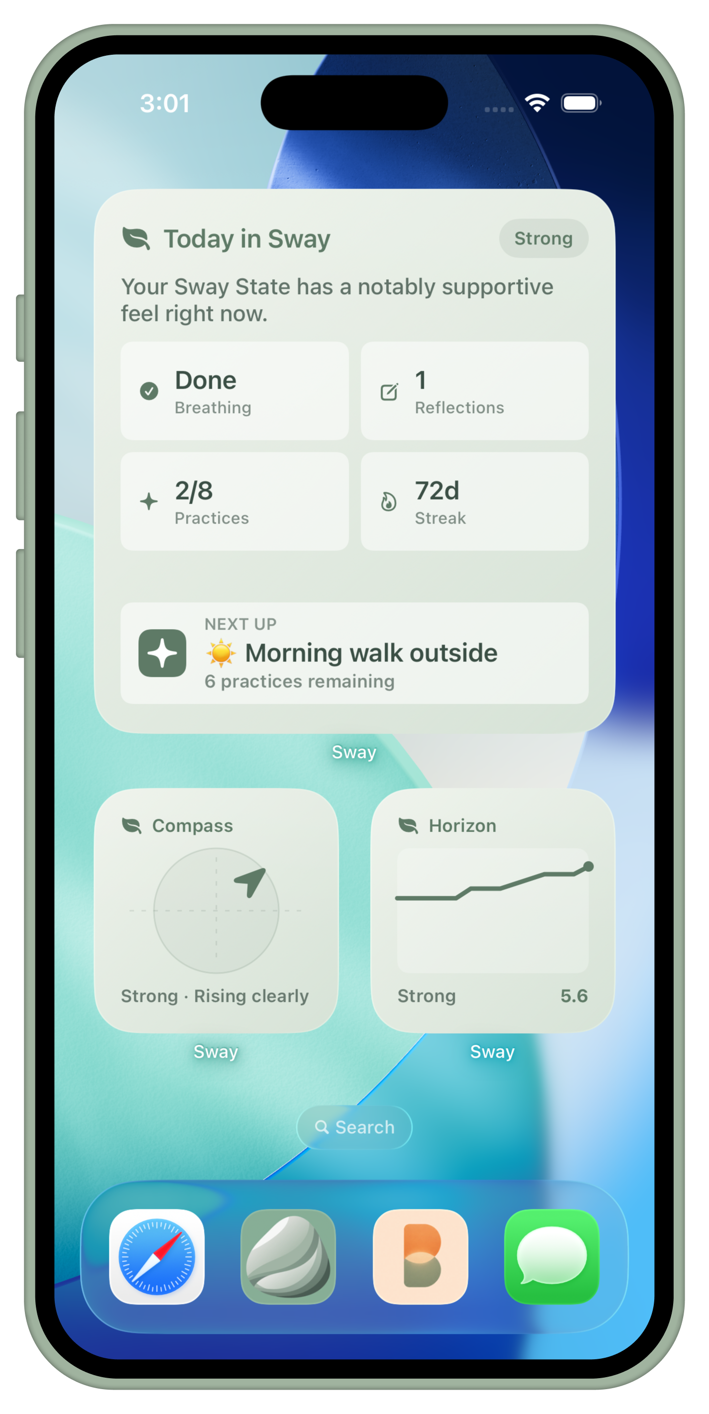 Sway widgets shown inside an iPhone bezel.