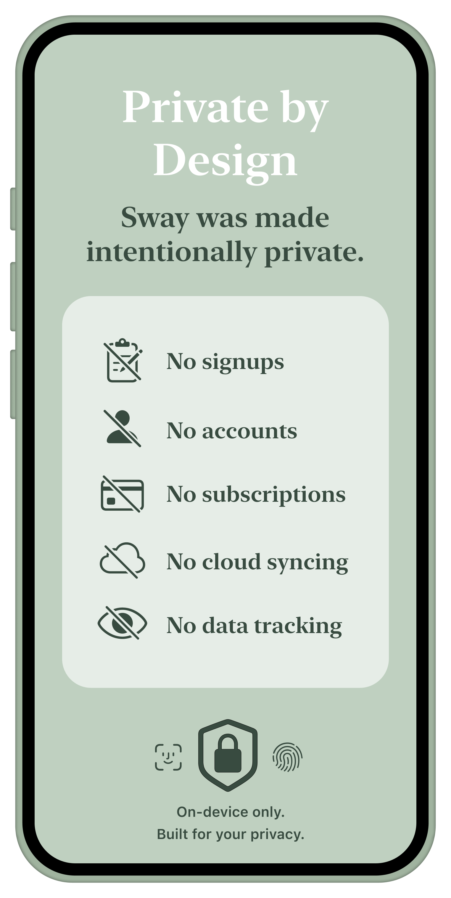 Private by Design screen shown inside an iPhone bezel.