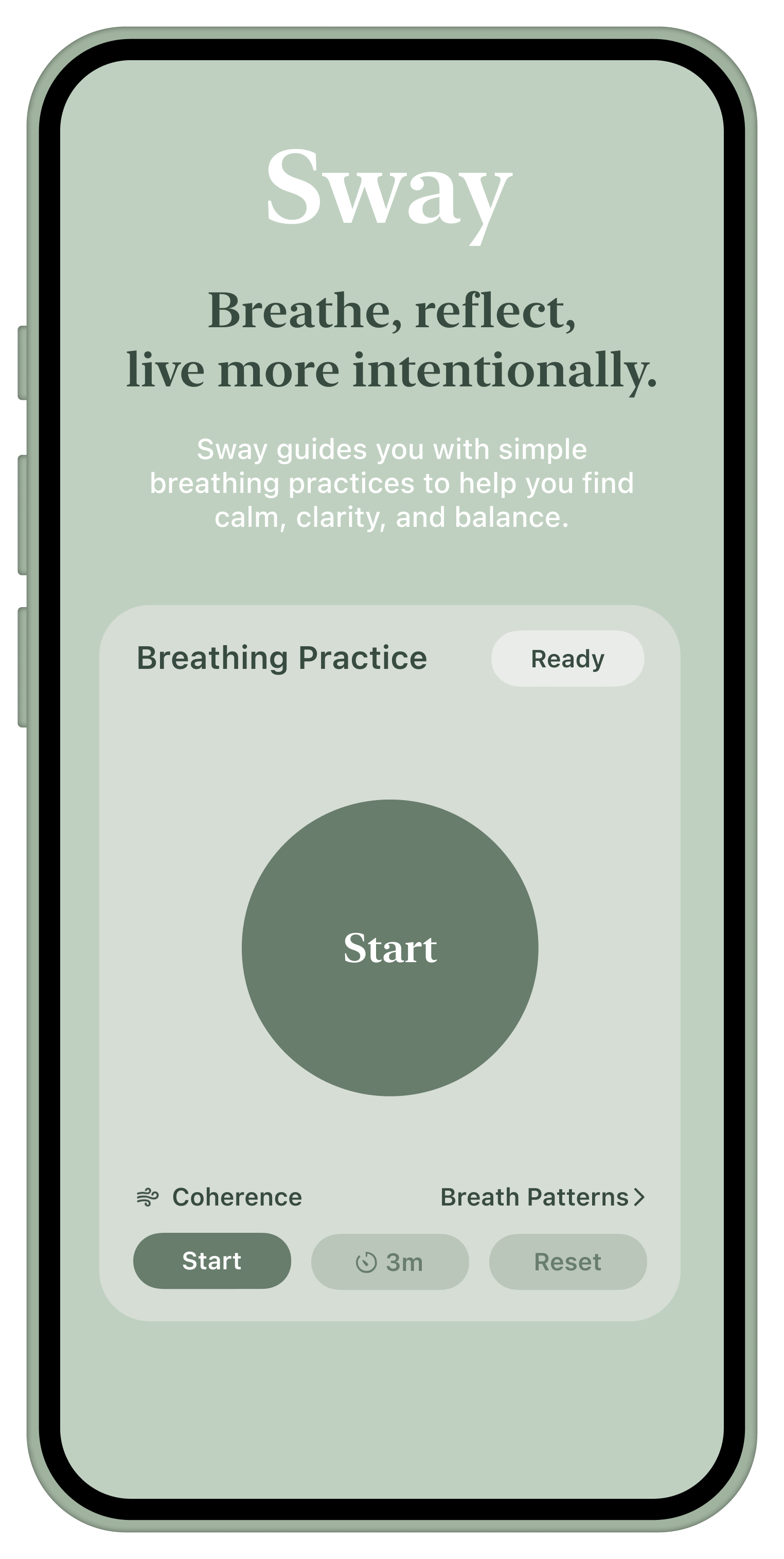 Sway home screen showing the Breathing Practice card and calm, minimal interface.